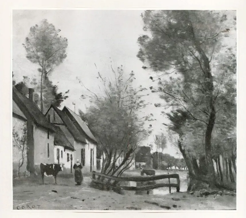 Anonimo , Corot, Jean-Baptiste-Camille - sec. XIX - Flesselles, une rue avec une paysanne et sa vache , fronte