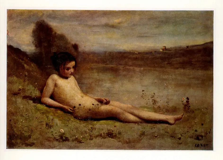 Anonimo , Corot, Jean-Baptiste-Camille - sec. XIX - Jeune baigneuse couch&eacute;e sur l'herbe au bord d'un &eacute;taup , fronte