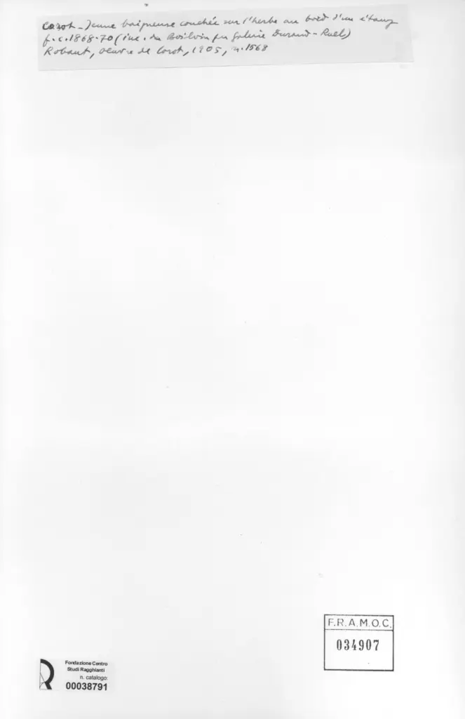 Anonimo , Corot, Jean-Baptiste-Camille - sec. XIX - Jeune baigneuse couch&eacute;e sur l'herbe au bord d'un &eacute;taup , retro