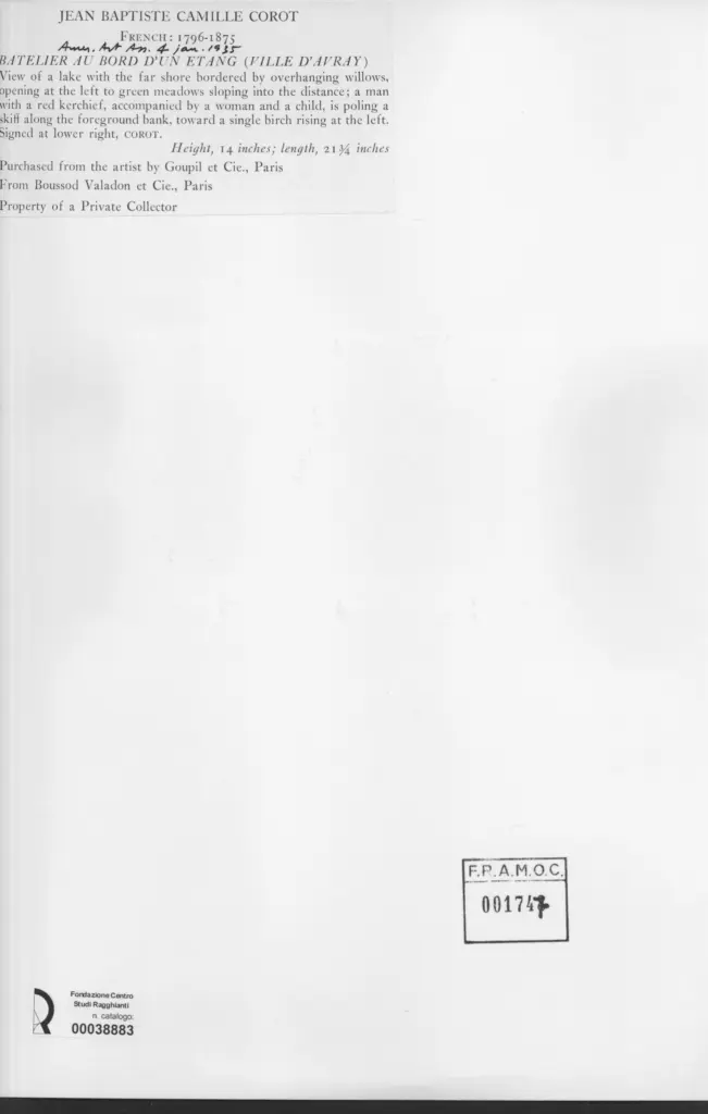 Anonimo , Corot, Jean Baptiste Camille - sec. XIX - Batelier au bord d'un etang (Ville d'Avray) , retro