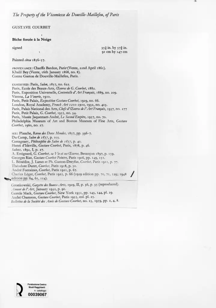 Anonimo , Courbet, Gustave - sec. XIX - Biche forc&eacute;e &agrave; la Neige , retro