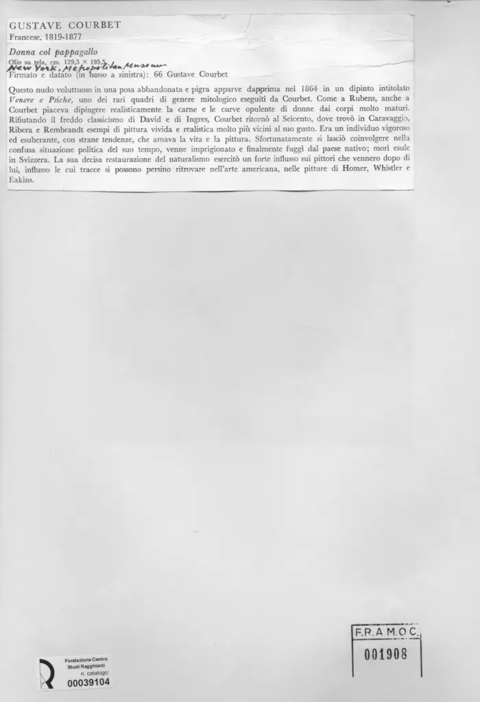 Anonimo , Courbet, Gustave - sec. XIX - Donna col pappagallo , retro