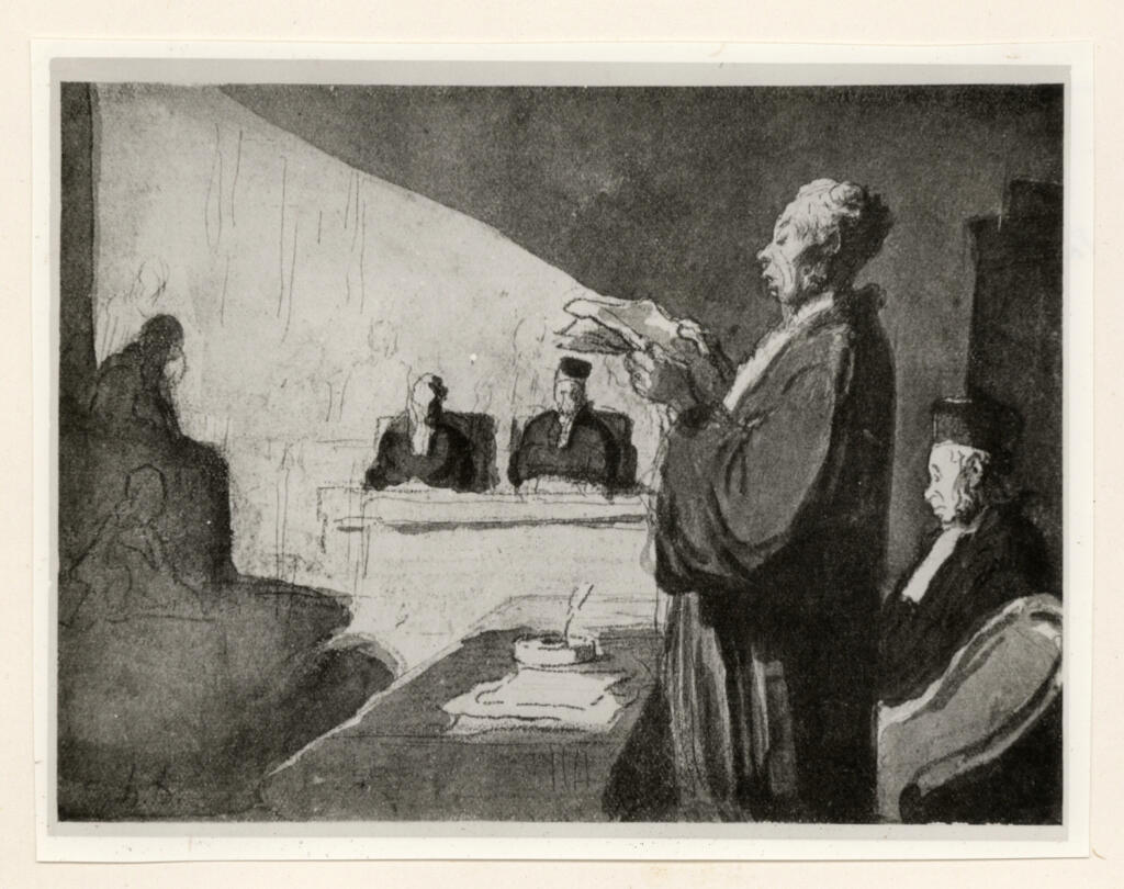 Anonimo , Daumier, Honoré - sec. XIX - Avocat lisant devant le tribunal , fronte