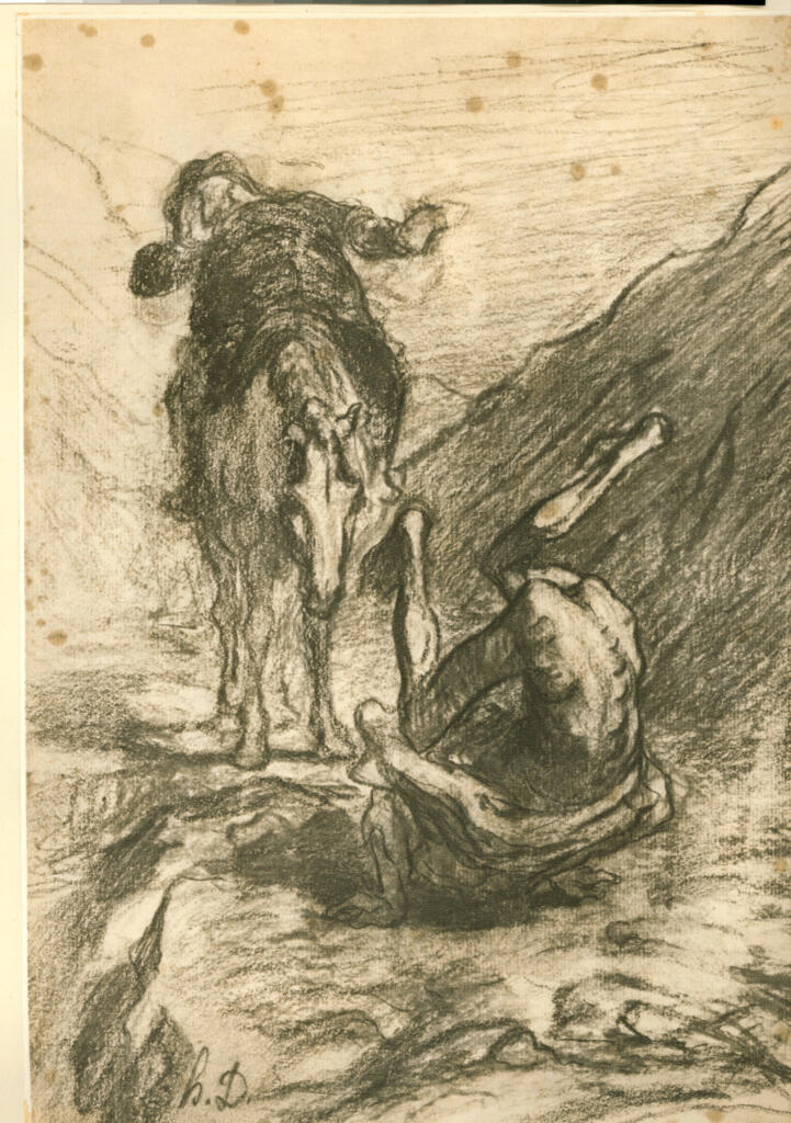Anonimo , Daumier, Honoré - sec. XIX - Don Quichotte fait des caprioles devant Sancho Pansa , fronte