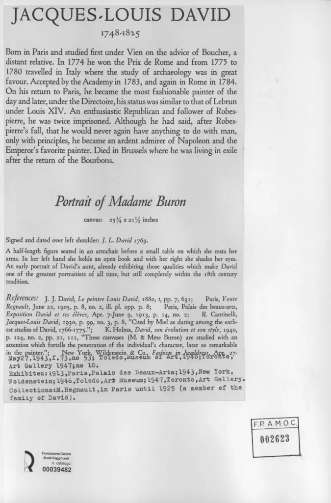 Anonimo , David, Jacques-Louis - sec. XVIII - Portrait of Madame Buron , retro