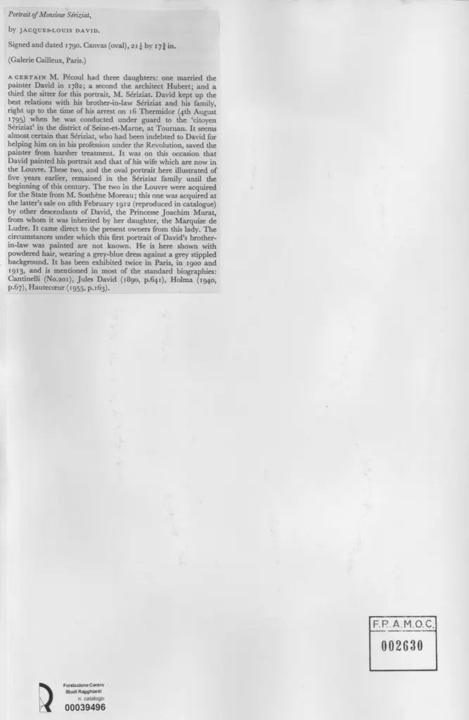 Anonimo , David, Jacques-Louis - sec. XVIII - Portrait of Monsieur S&eacute;riziat , retro