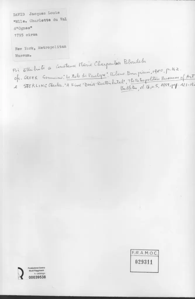 Anonimo , David, Jacques-Louis - sec. XVIII - Mlle. Charlotte du Val d'Ognes , retro