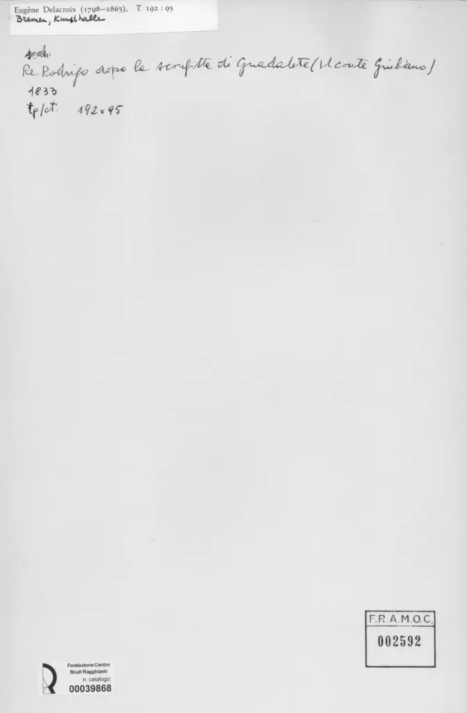 Anonimo , Delacroix, Eug&egrave;ne - sec. XIX - Re Rodrigo dopo la sconfitta di Guadalete (il conte Giuliano) , retro