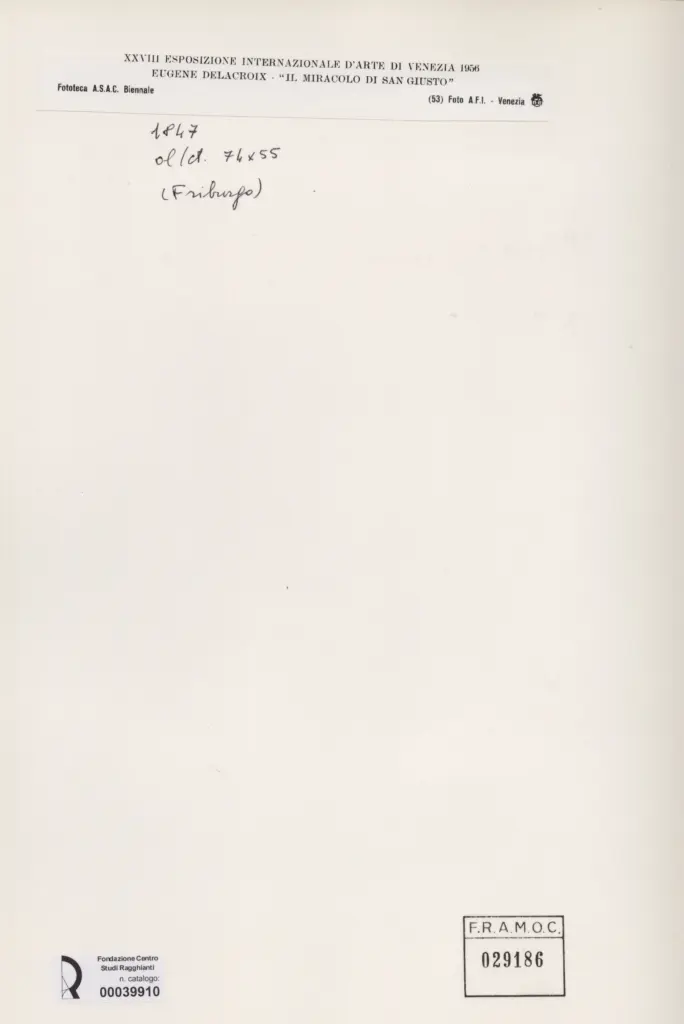 Anonimo , Delacroix, Eug&egrave;ne - sec. XIX - Il miracolo di San Giusto , retro