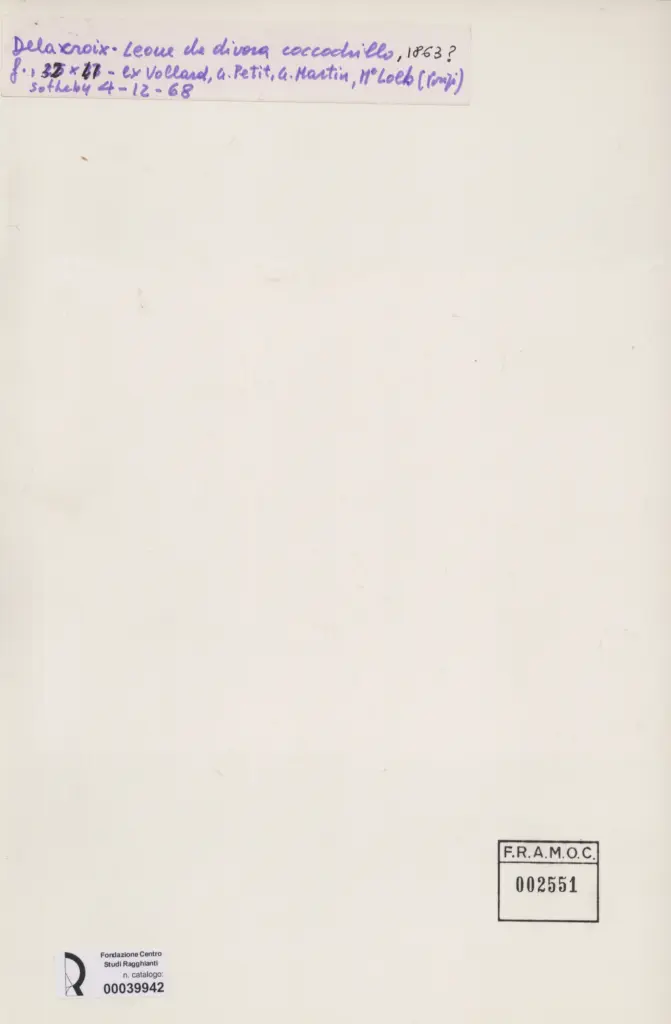 Anonimo , Delacroix, Eug&egrave;ne - sec. XIX - Leone che divora coccodrillo , retro