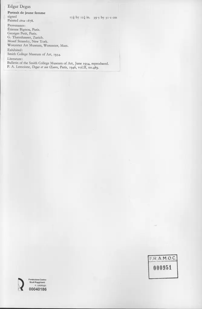 Anonimo , Degas, Edgar - sec. XIX - Portrai de jeune femme , retro