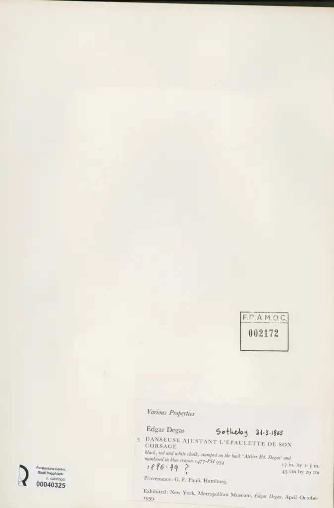 Anonimo , Degas, Edgar - sec. XIX - Danseuse ajustant l'&eacute;paulette de son corsage , retro