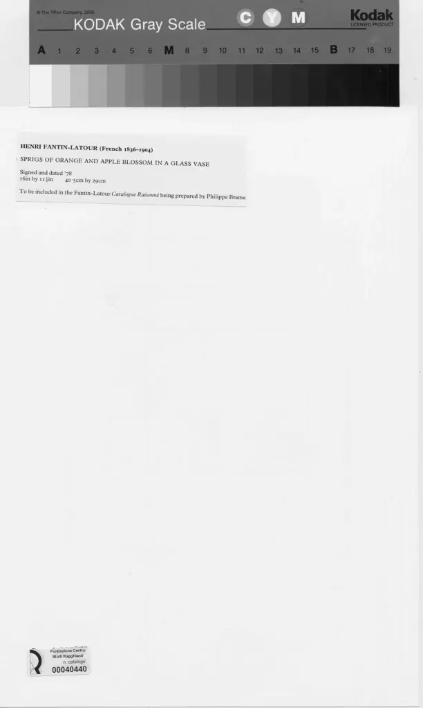 Anonimo , Fantin-Latour, Henri - sec. XIX - Rami di arancio e fiori di melo in un vaso di vetro , retro