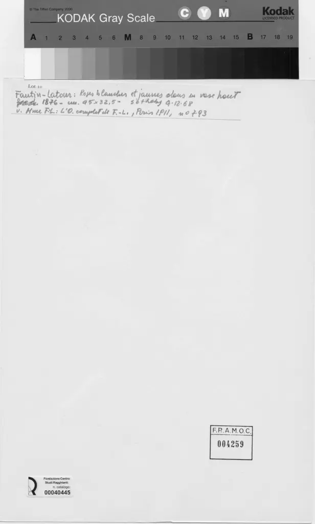 Anonimo , Fantin-Latour, Henri - sec. XIX - Vaso con rose bianche e gialle , retro