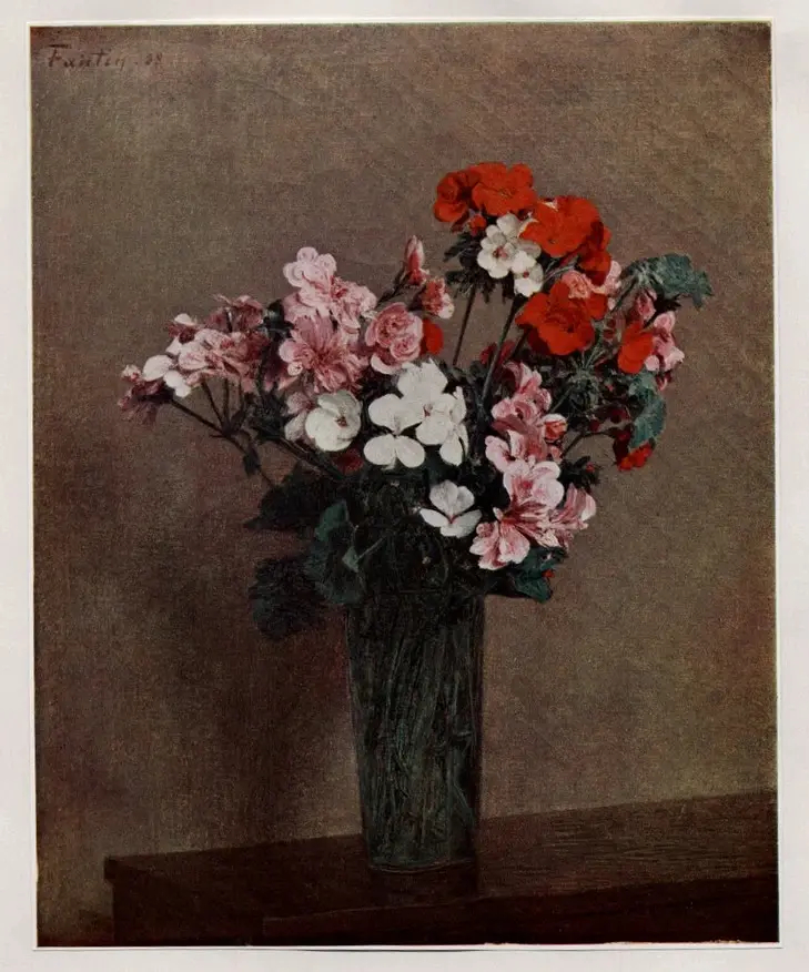 Anonimo , Fantin-Latour, Henri - sec. XIX - Geranei in un vaso verde , fronte