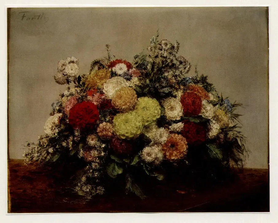 Anonimo , Fantin-Latour, Henri - sec. XIX - Vaso con dalie e altri fiori , fronte