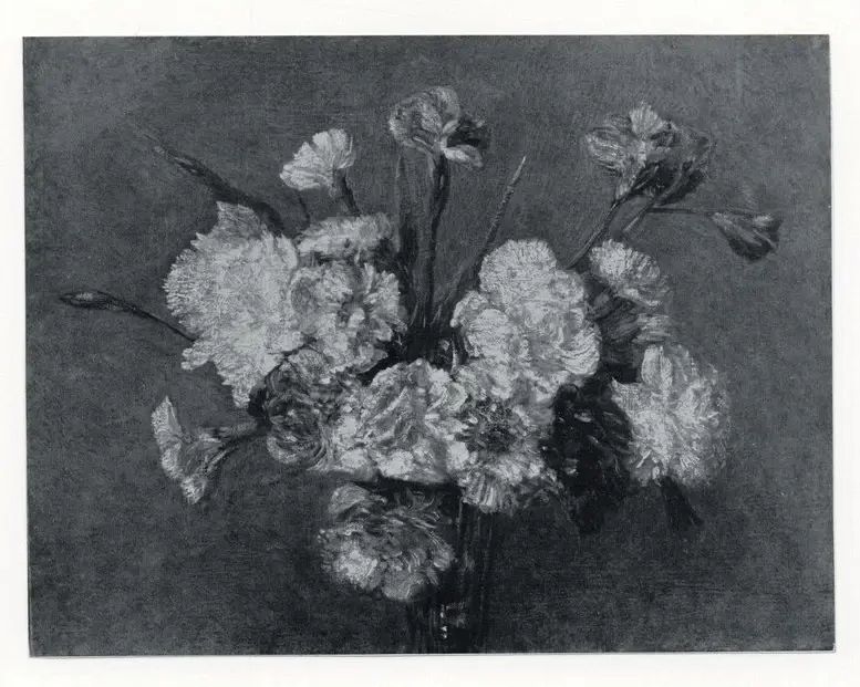 Anonimo , Fantin-Latour, Henri - sec. XIX - Garofani rosa e bianchi in un vaso di vetro , fronte