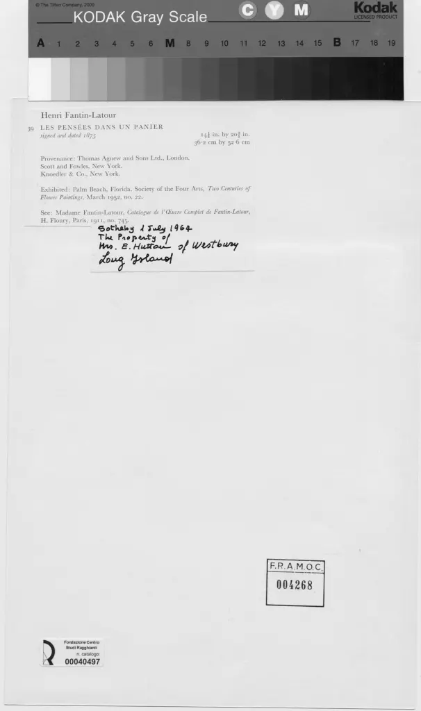 Anonimo , Fantin-Latour, Henri - sec. XIX - Viole del pensiero in un paniere , retro