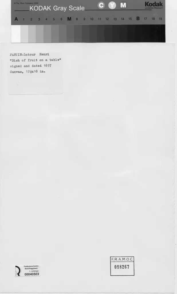 Anonimo , Fantin-Latour, Henri - sec. XIX - Cesto di frutta sul tavolo , retro