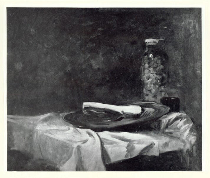 Anonimo , Forain, Jean-Louis - sec. XIX - Nature morte à la côte de porc et au cornichons , fronte