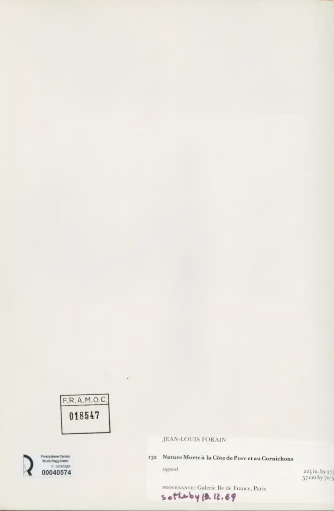 Anonimo , Forain, Jean-Louis - sec. XIX - Nature morte &agrave; la c&ocirc;te de porc et au cornichons , retro