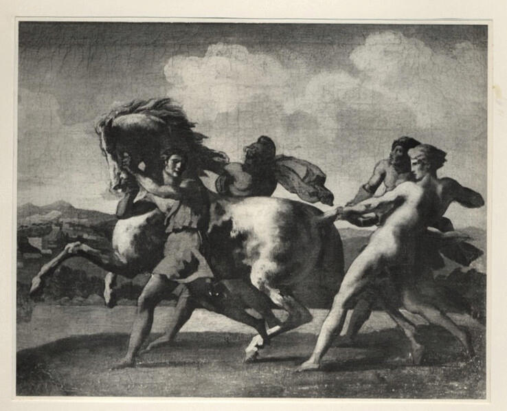 Anonimo , Gericault, Jean Louis - sec. XIX - Einfangen eines wilden Pferdes - Cattura di un cavallo selvatico , fronte