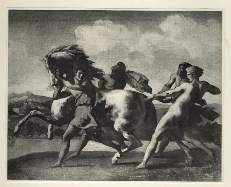 Anonimo , Gericault, Jean Louis - sec. XIX - Einfangen eines wilden Pferdes - Cattura di un cavallo selvatico , fronte
