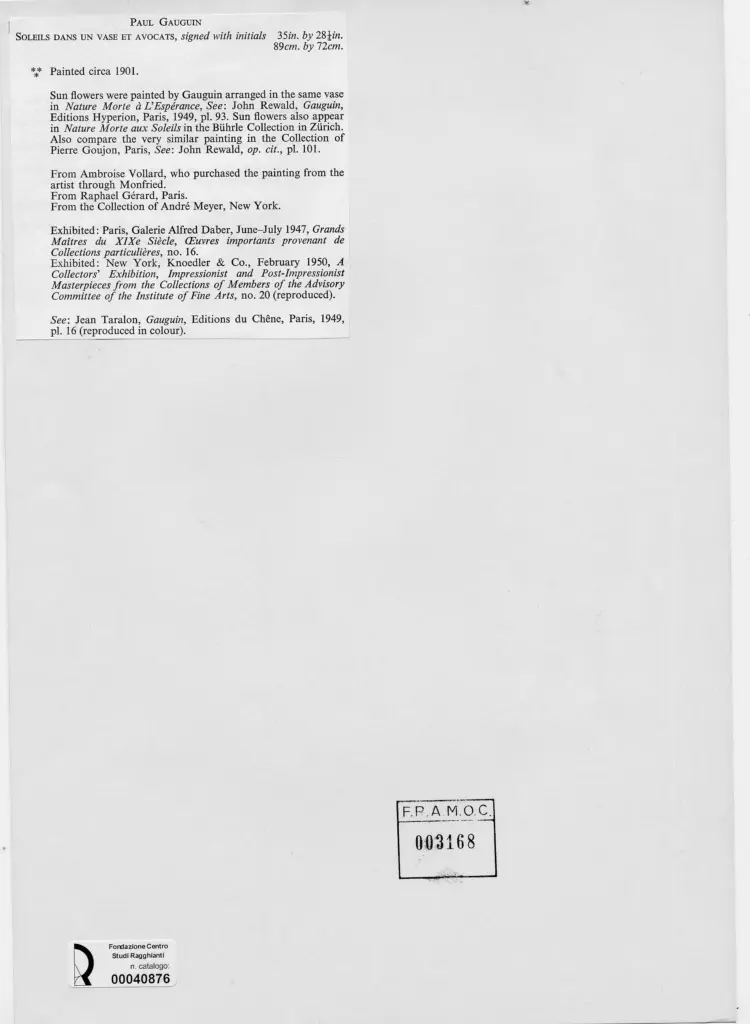 Anonimo , Gauguin, Paul - sec. XX - Soleils dans un vase et avocats , retro