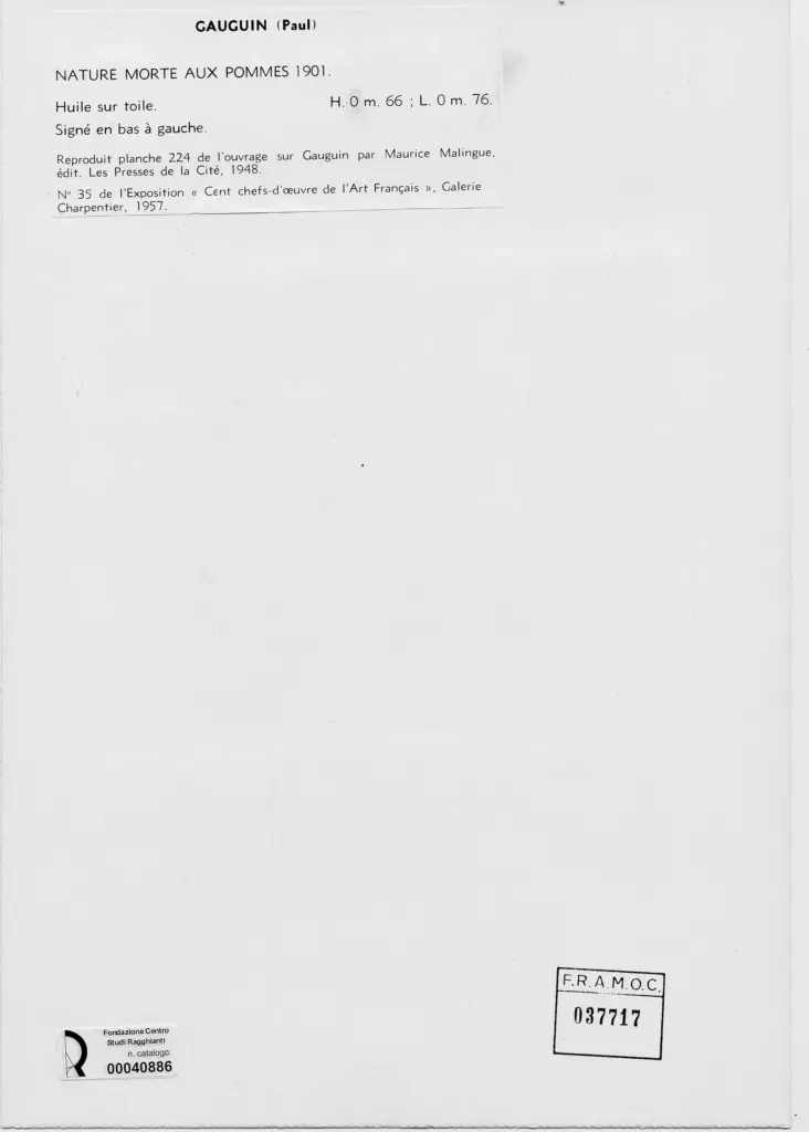 Anonimo , Gauguin, Paul - sec. XX - Nature morte aux pommes , retro