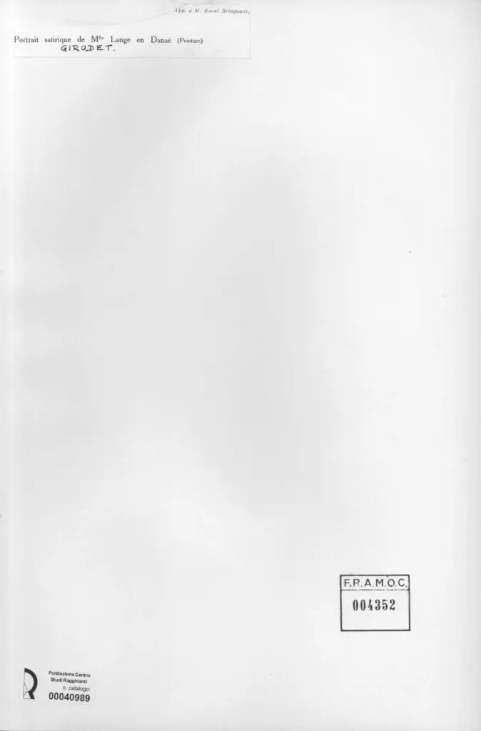 Anonimo , Girodet-Trioson, Anne-Louis - sec. XVIII/ XIX - Portrait satirique de M.lle Lange en Dana&eacute; , retro