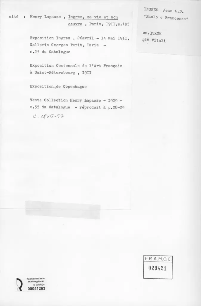 Anonimo , Ingres, Jean Auguste Dominique - sec. XIX - Paolo e Francesca , retro