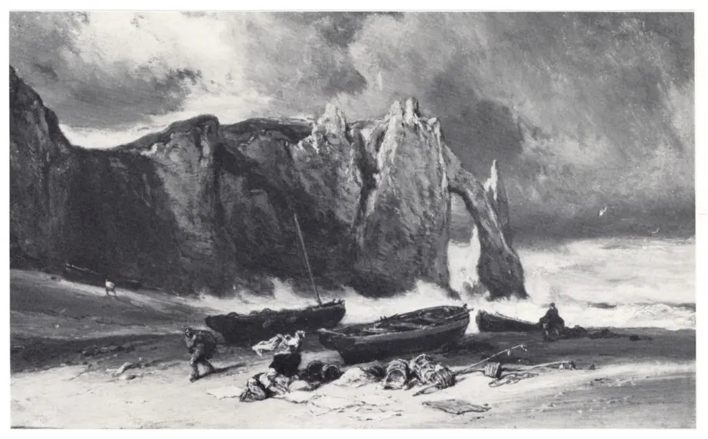 Anonimo , Isabey, Eugene - sec. XIX - Figure vicino alle barche da pesca sulla spiaggia di Etretat , fronte