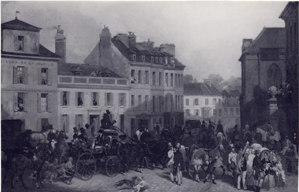 Lami, Eugene , L'arriv&eacute;e de la dirigence &agrave; Chantilly pour les courses - , L'arriv&eacute;e de la dirigence &agrave; Chantilly pour les courses - Tav. 108