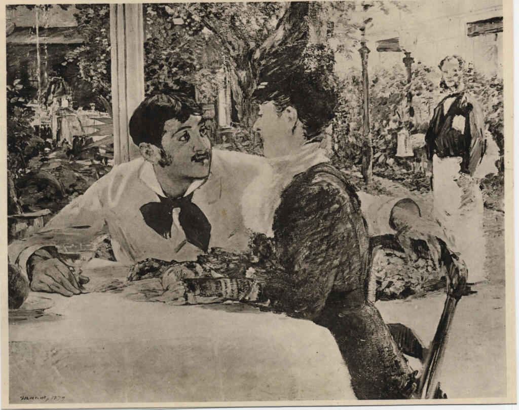 Manet, Edouard , - ritratto di donna e uomo in un ristorante