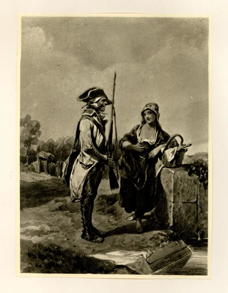 Anonimo , Mélvé Marsaud, Marie - sec. XIX - Giovane donna che parla con ufficiale dell'esercito , fronte