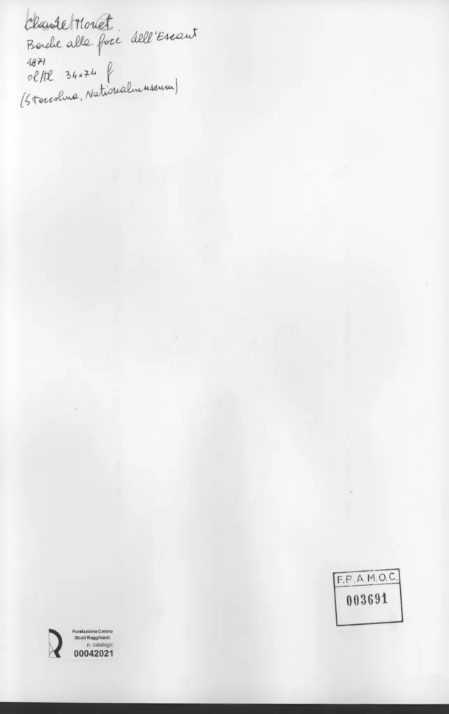 Anonimo , Monet, Claude - sec. XIX - Barche alla foce dell'Escaut , retro