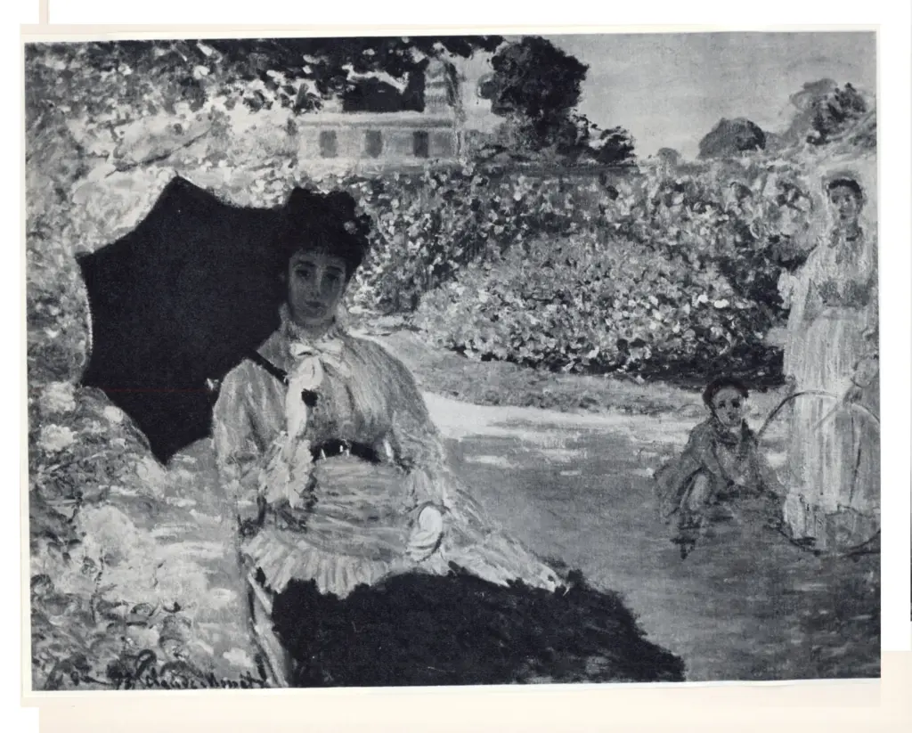 Anonimo , Monet, Claude - sec. XIX - Camille Monet in giardino con il figlio e la nurse , fronte
