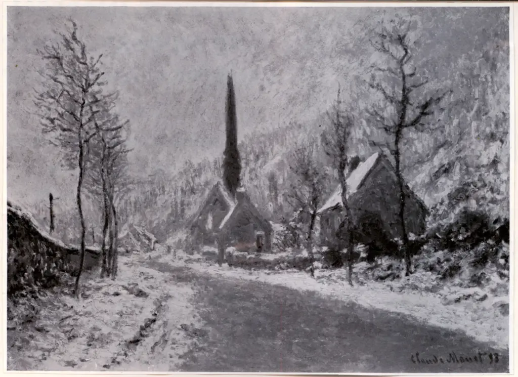 Anonimo , Monet, Claude - sec. XIX - L'eglise de Pourville, temp de neige , fronte