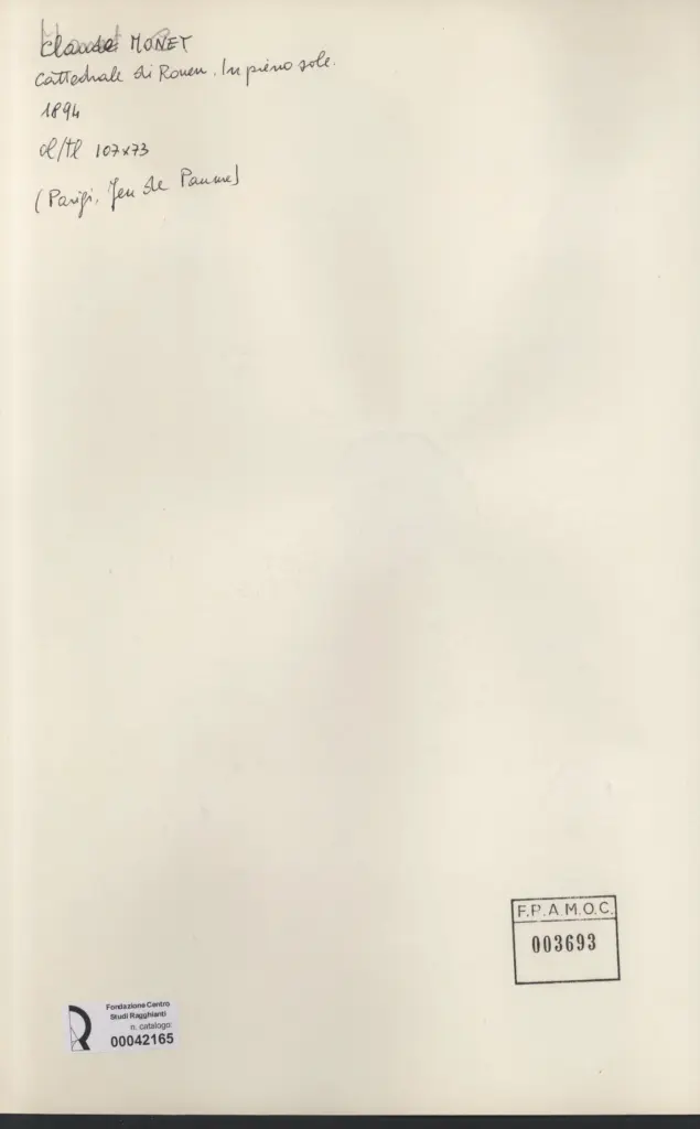 Anonimo , Monet, Claude - sec. XIX - Cattedrale di Rouen in pieno sole , retro