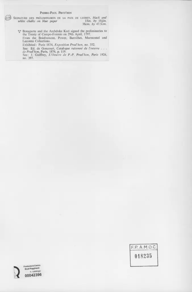 Anonimo , Prud'hon, Pierre-Paul - sec. XIX - Signature des pr&eacute;liminaires de la paix de Leoben , retro