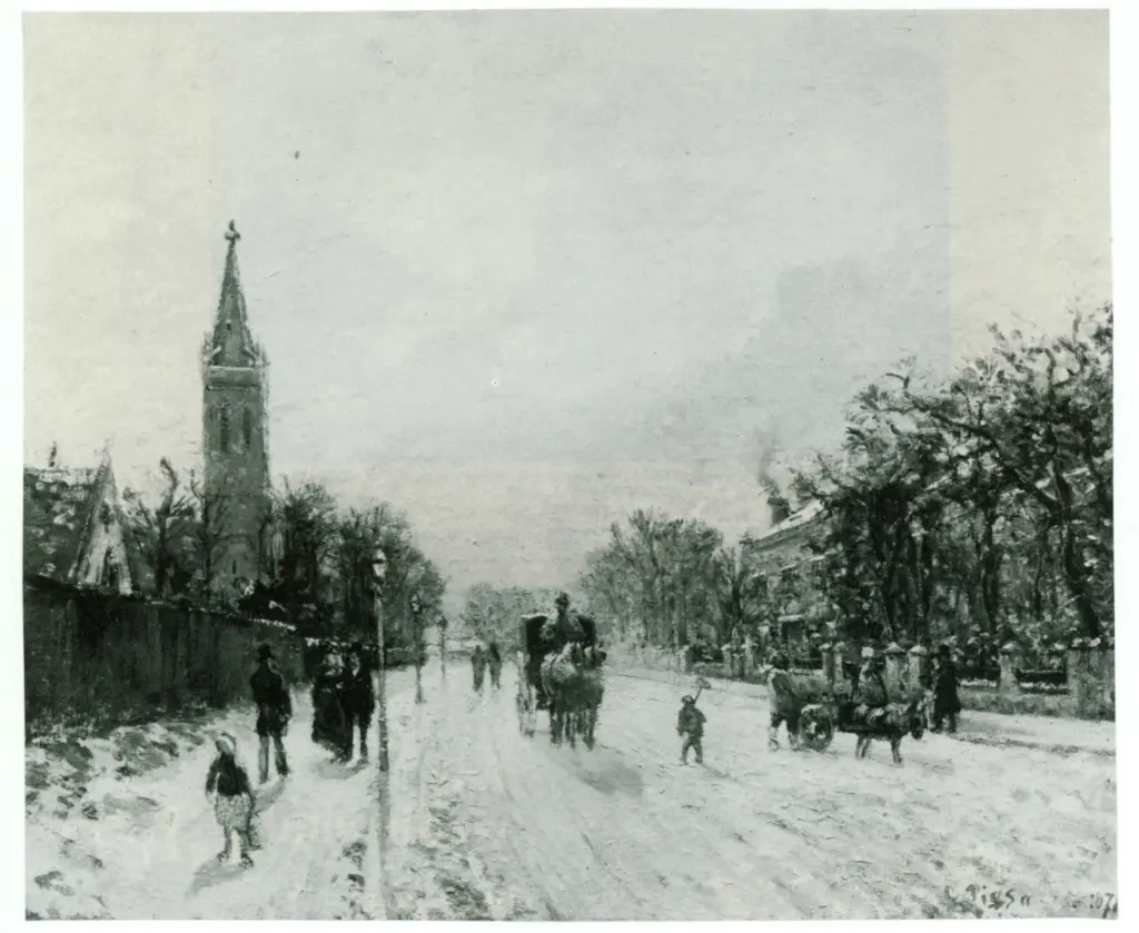 Anonimo , Pissarro, Camille - sec. XIX - Eglise de Westow Hill. Neige , fronte
