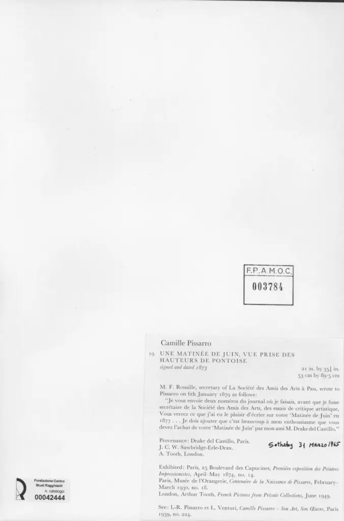 Anonimo , Pissarro, Camille - sec. XIX - Una Matin&eacute;e d Juin, vie Prise des Hauteurs de Pontoise , retro