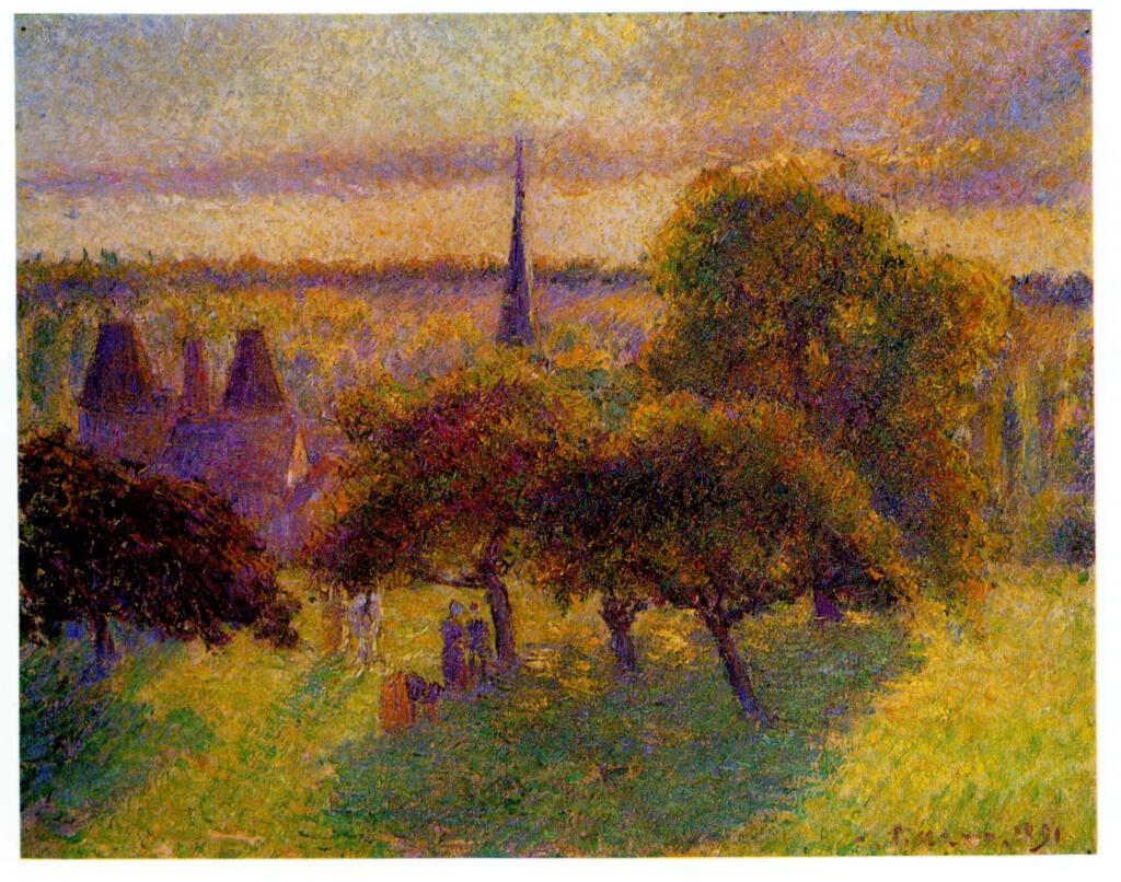 Pissarro, Camille , Clocher et ferme d'Eragny, soleil couchant -