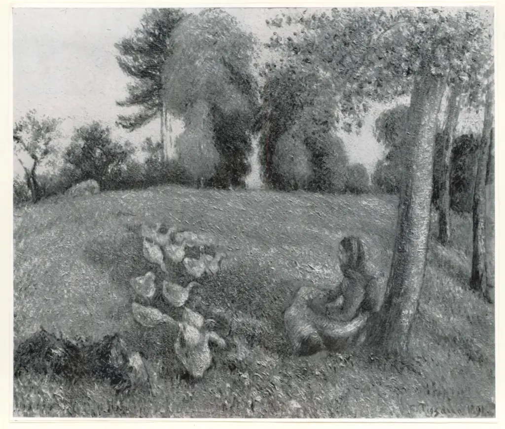Anonimo , Pissarro, Camille - sec. XIX - Donna seduta sull'erba con oche , fronte