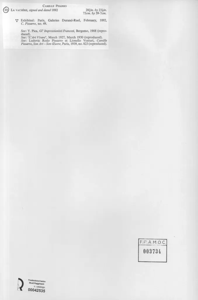 Anonimo , Pissarro, Camille - sec. XIX - La vach&egrave;re , retro