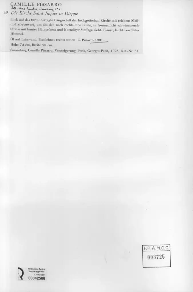 Anonimo , Pissarro, Camille - sec. XX - Die Kirche Saint Jacques in Dieppe , retro