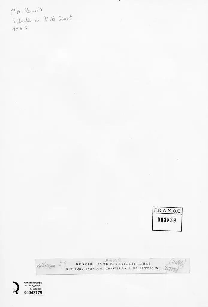 Anonimo , Renoir, Pierre Auguste - sec. XIX - Ritratto di M.lle Sicot , retro