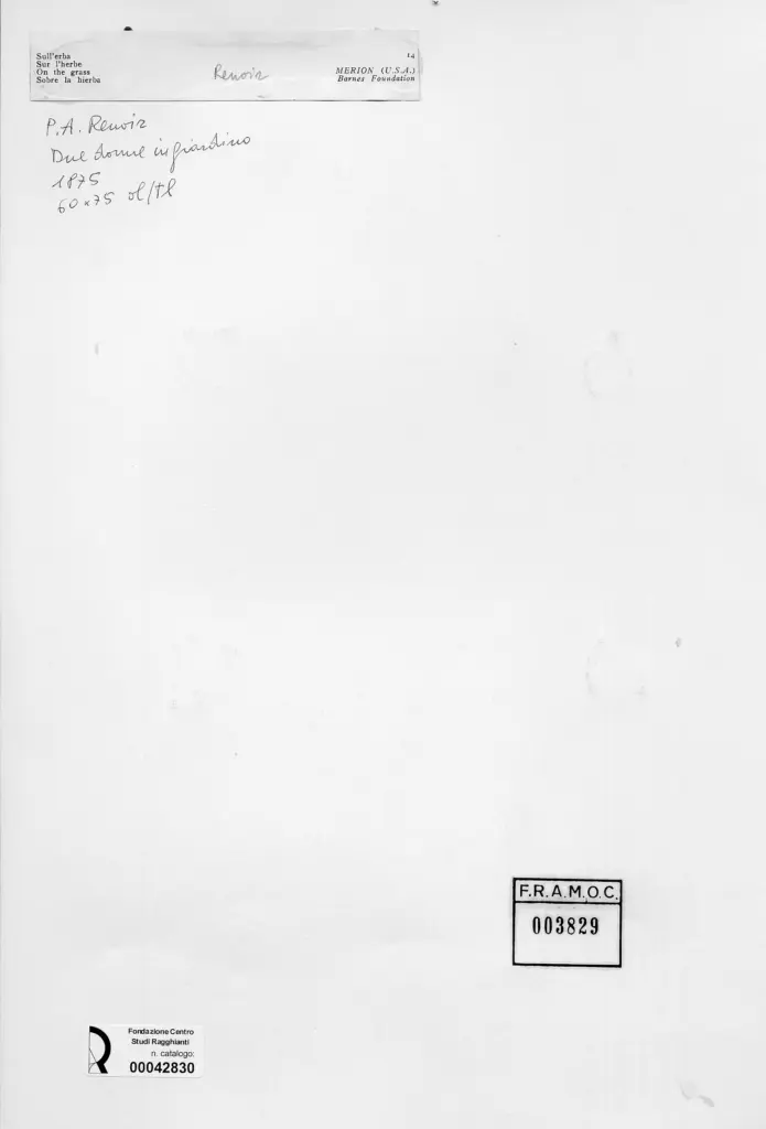 Anonimo , Renoir, Pierre Auguste - sec. XIX - Sull'erba - Due donne in giardino , retro