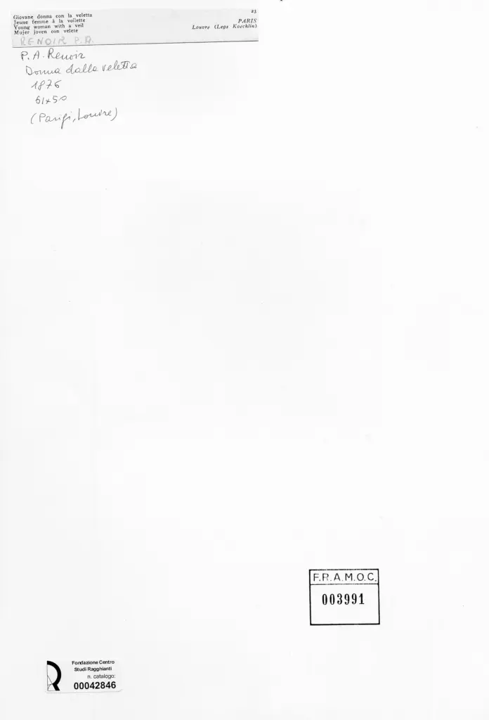 Anonimo , Renoir, Pierre Auguste - sec. XIX - Giovane donna con la veletta , retro