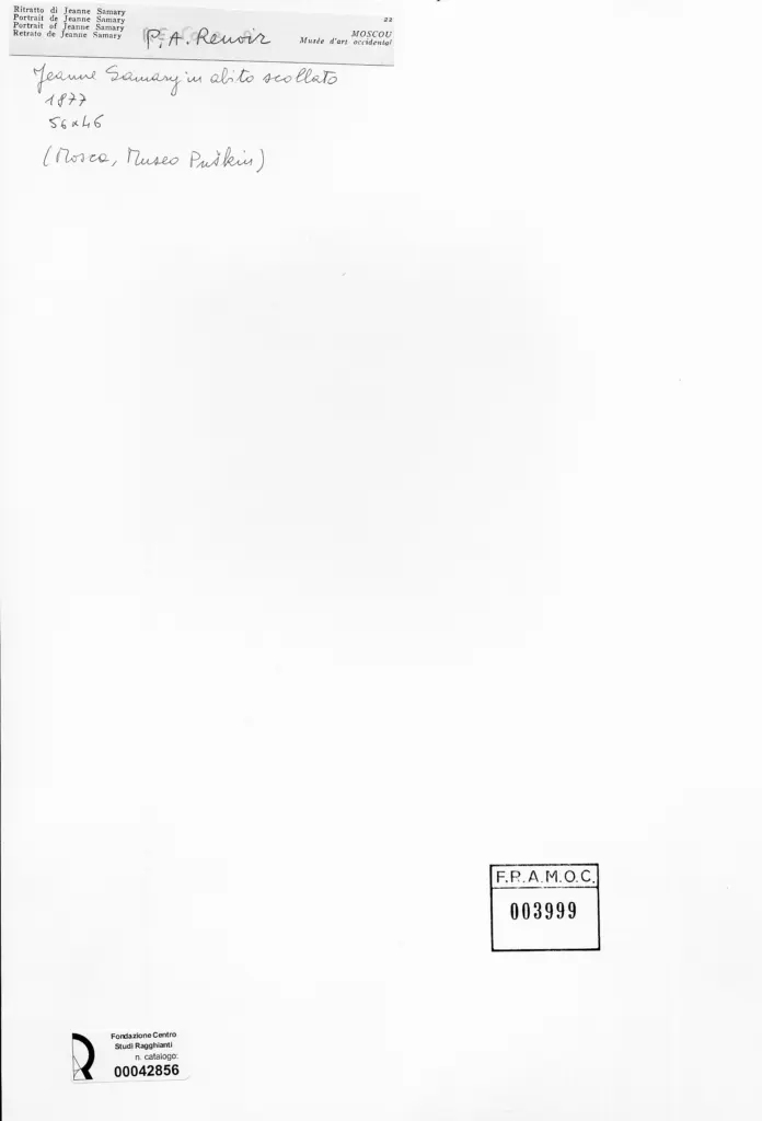 Anonimo , Renoir, Pierre Auguste - sec. XIX - Ritratto di Jeanne Samary in abito scollato , retro